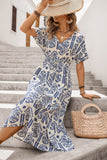 Blue Printed V Neck A Line Long Summer Dress with Short Sleeves