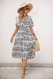 Blue Printed V Neck A Line Long Summer Dress with Short Sleeves