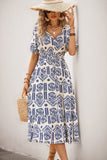 Blue Printed V Neck A Line Long Summer Dress with Short Sleeves