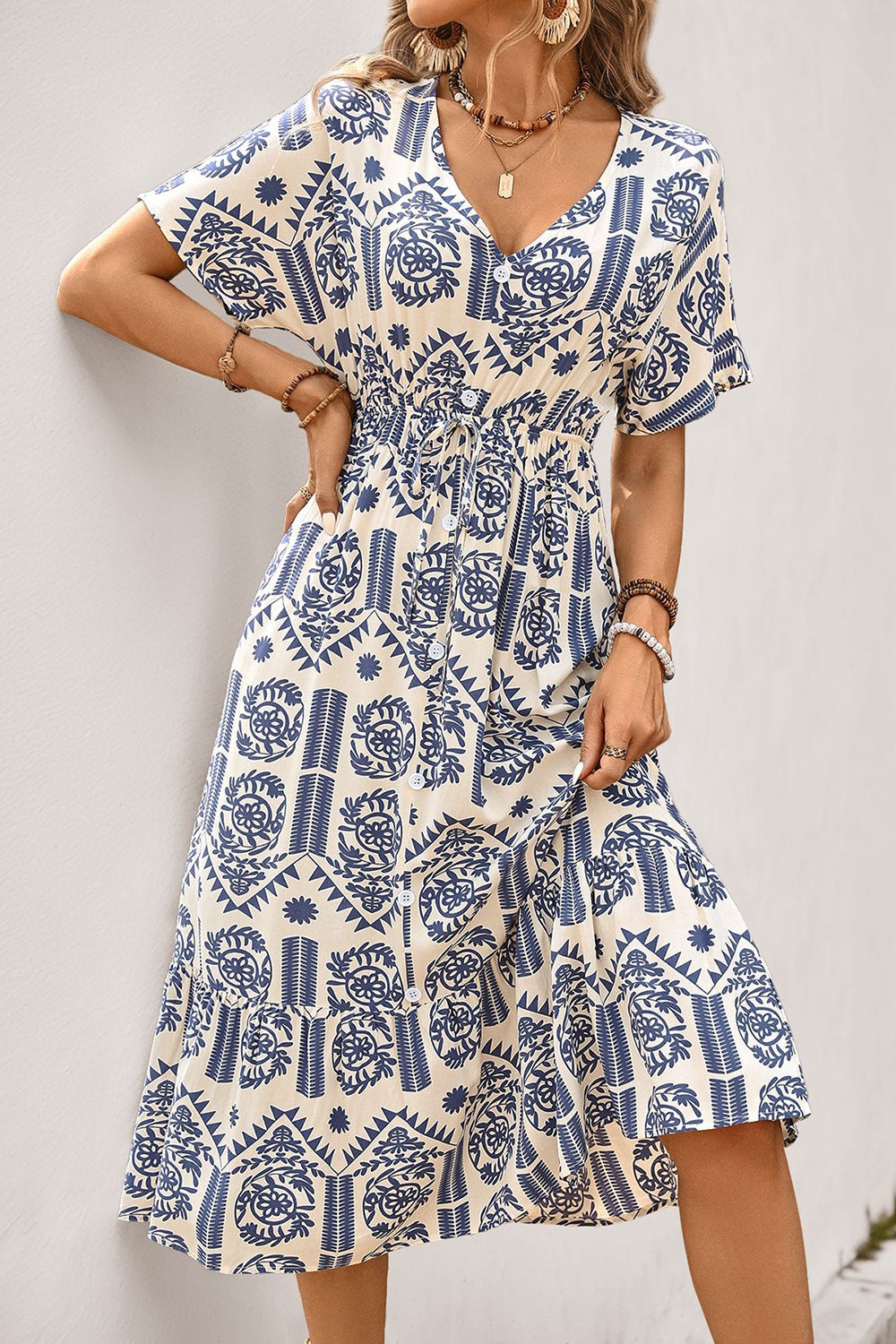 Blue Printed V Neck A Line Long Summer Dress with Short Sleeves