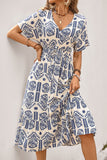 Blue Printed V Neck A Line Long Summer Dress with Short Sleeves