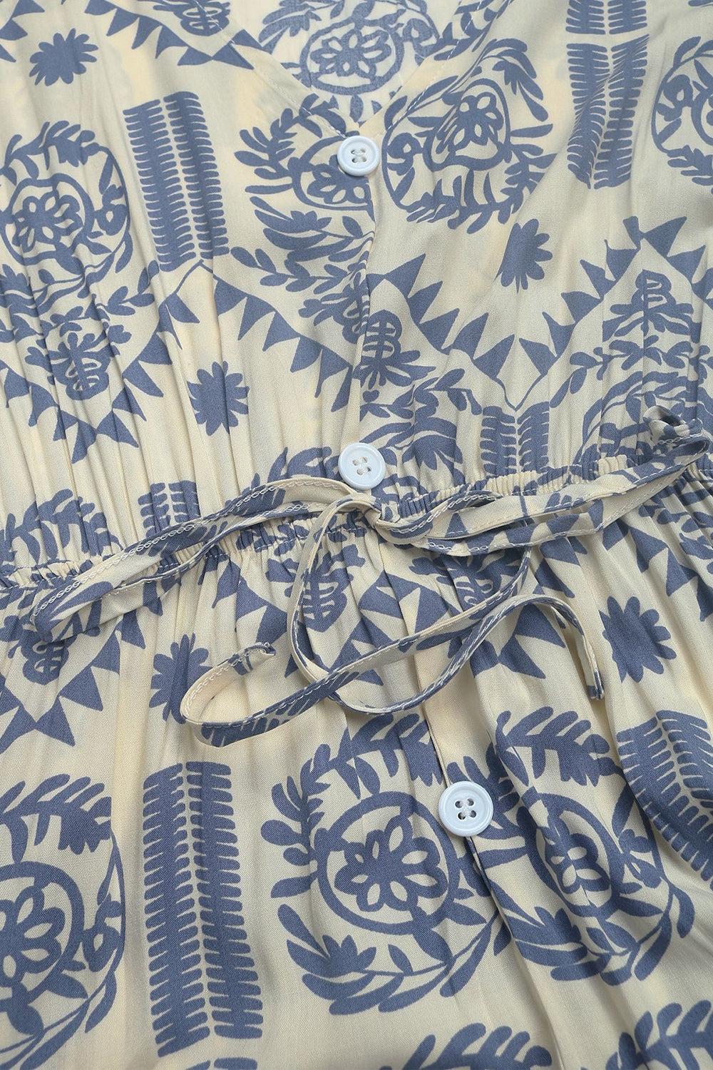 Blue Printed V Neck A Line Long Summer Dress with Short Sleeves