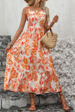 Orange Printed Square Neck A Line Long Summer Dress