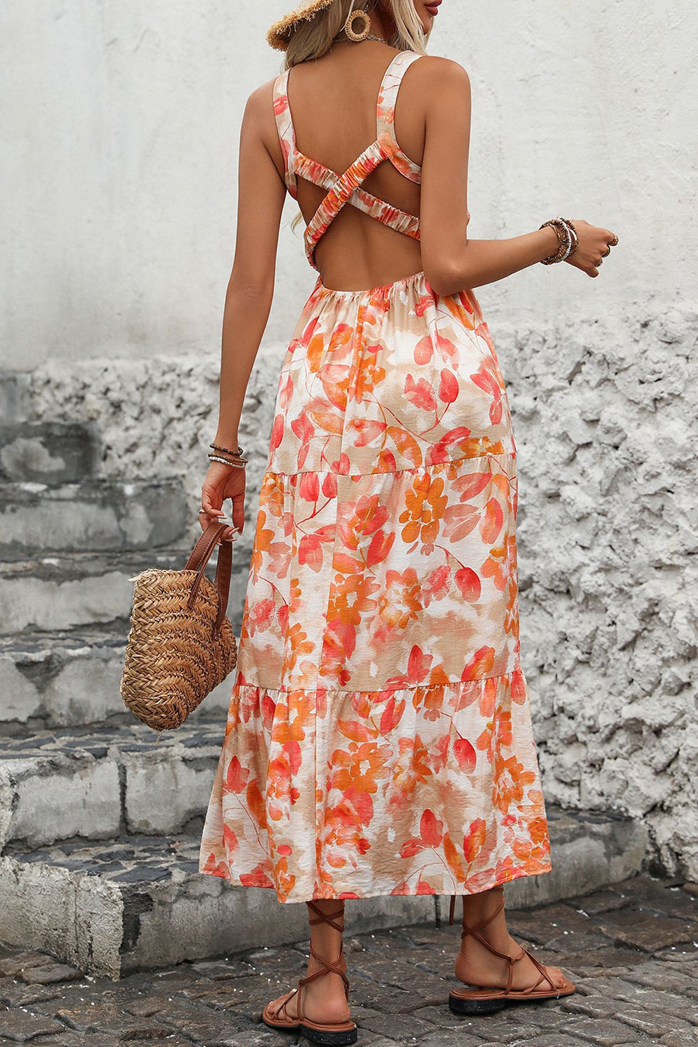 Orange Printed Square Neck A Line Long Summer Dress