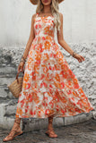 Orange Printed Square Neck A Line Long Summer Dress