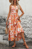 Orange Printed Square Neck A Line Long Summer Dress