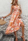 Orange Printed Square Neck A Line Long Summer Dress