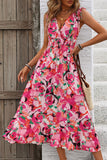 Fuchsia Floral V Neck A Line Long Summer Dress