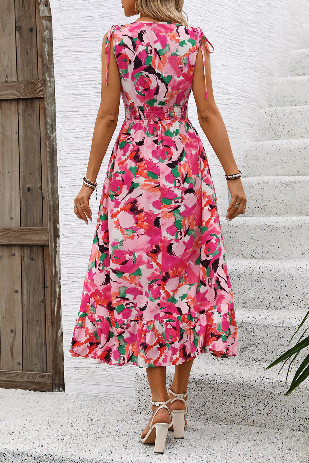 Fuchsia Floral V Neck A Line Long Summer Dress