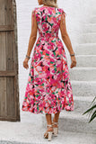 Fuchsia Floral V Neck A Line Long Summer Dress