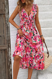 Fuchsia Floral V Neck A Line Long Summer Dress