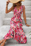 Fuchsia Floral V Neck A Line Long Summer Dress