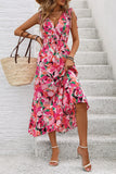 Fuchsia Floral V Neck A Line Long Summer Dress