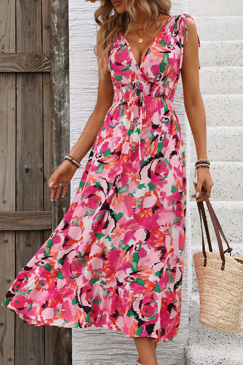 Fuchsia Floral V Neck A Line Long Summer Dress