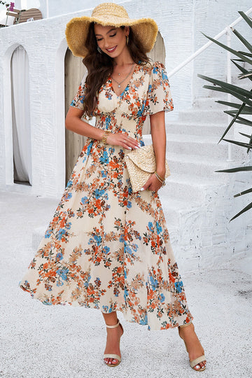 Apricot Floral A Line Long Summer Dress with Short Sleeves