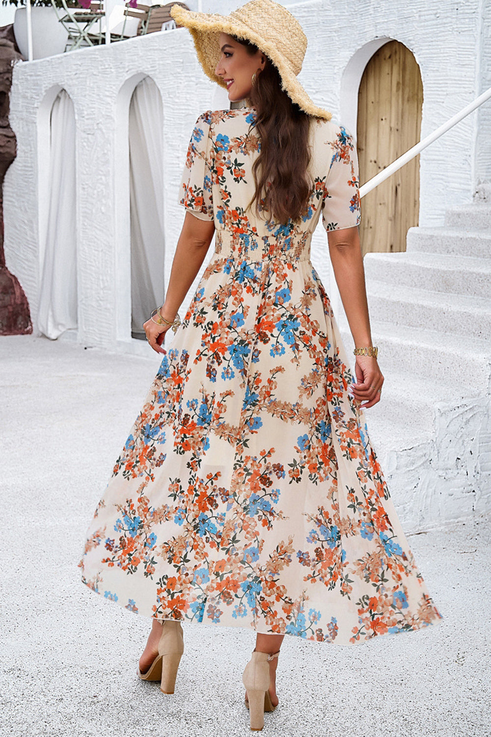Apricot Floral A Line Long Summer Dress with Short Sleeves