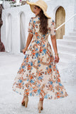 Apricot Floral A Line Long Summer Dress with Short Sleeves