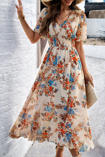 Apricot Floral A Line Long Summer Dress with Short Sleeves