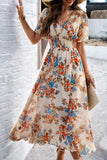 Apricot Floral A Line Long Summer Dress with Short Sleeves