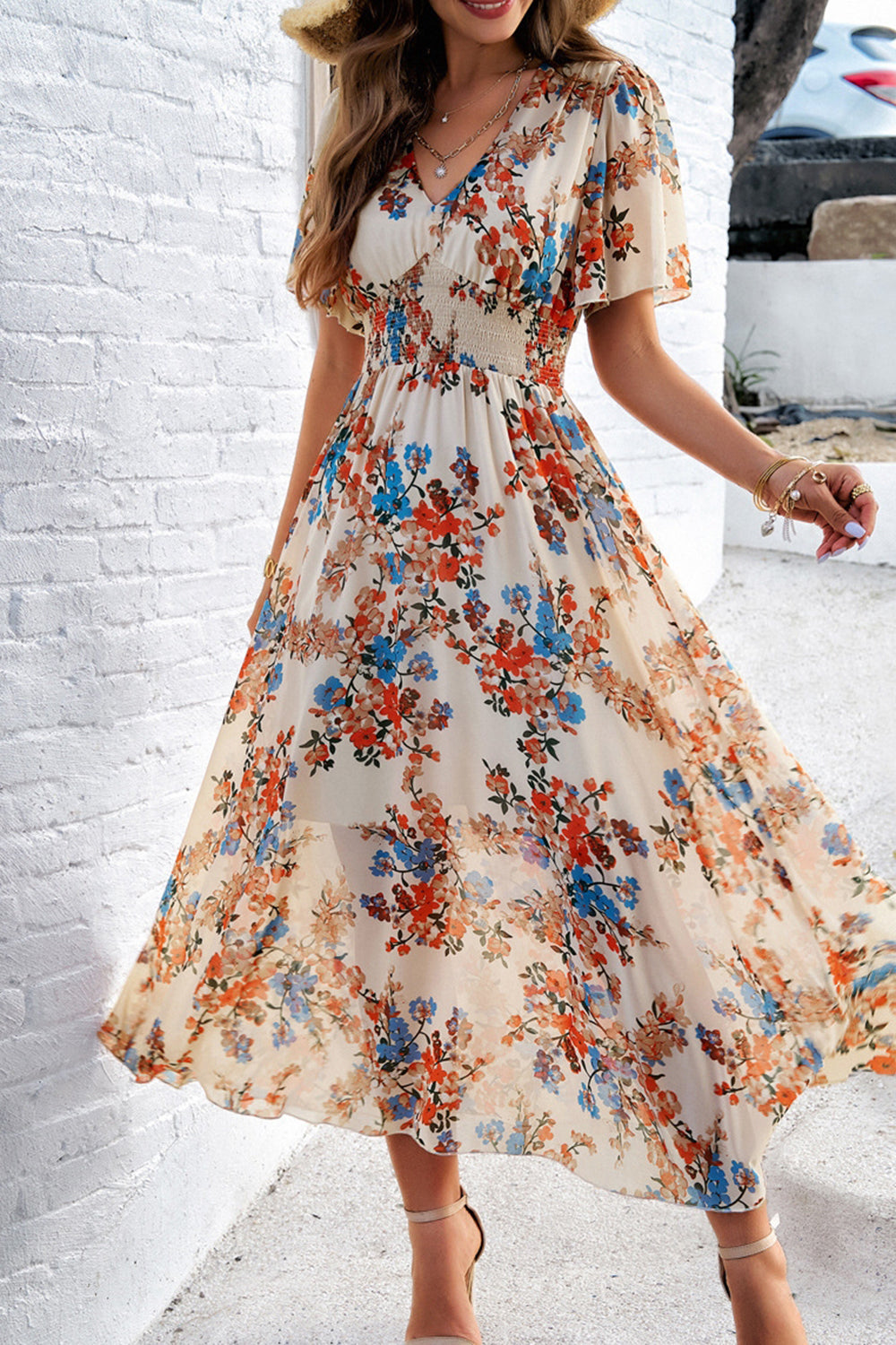 Apricot Floral A Line Long Summer Dress with Short Sleeves