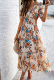 Apricot Floral A Line Long Summer Dress with Short Sleeves