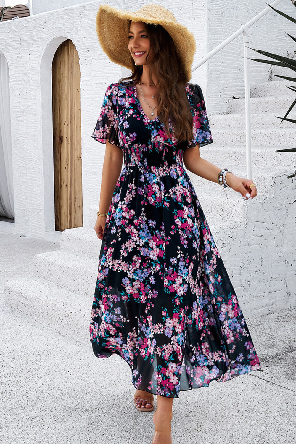 Apricot Floral A Line Long Summer Dress with Short Sleeves