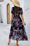 Apricot Floral A Line Long Summer Dress with Short Sleeves