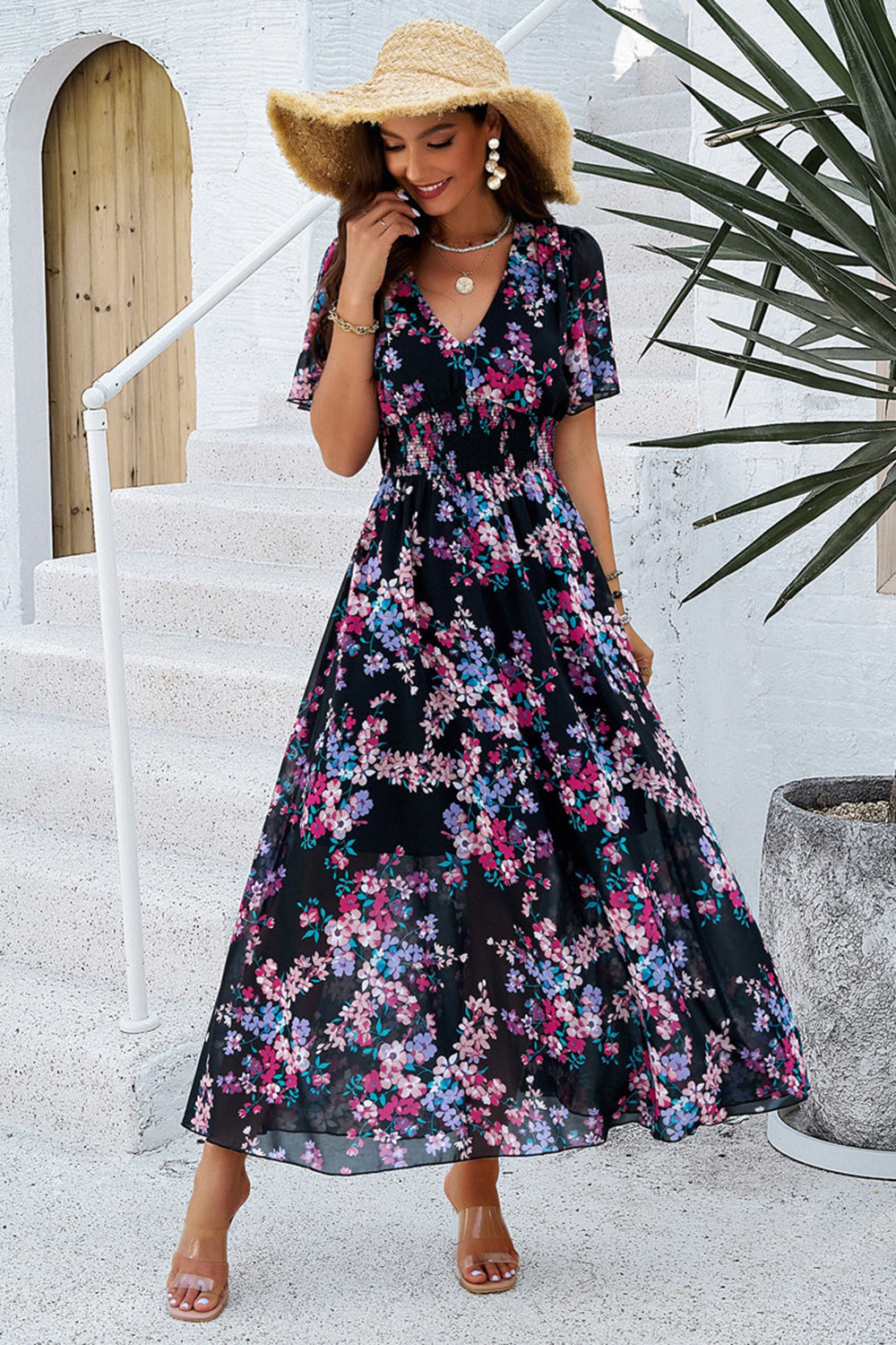 Apricot Floral A Line Long Summer Dress with Short Sleeves