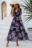 Apricot Floral A Line Long Summer Dress with Short Sleeves
