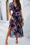 Apricot Floral A Line Long Summer Dress with Short Sleeves
