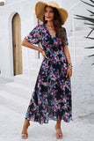 Apricot Floral A Line Long Summer Dress with Short Sleeves