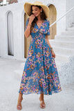 Apricot Floral A Line Long Summer Dress with Short Sleeves
