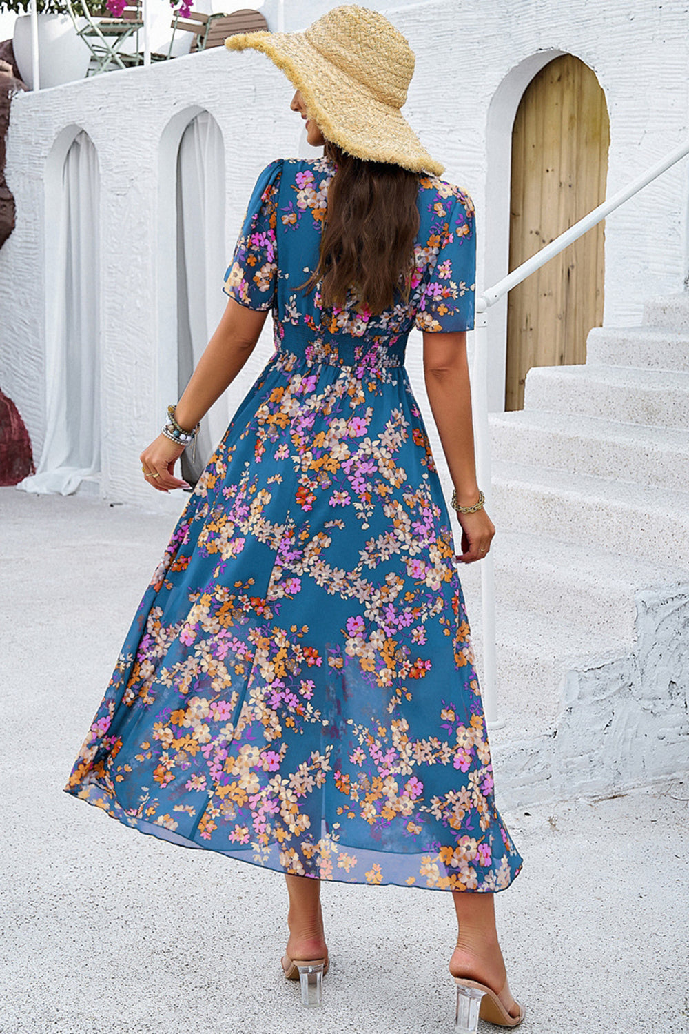 Apricot Floral A Line Long Summer Dress with Short Sleeves
