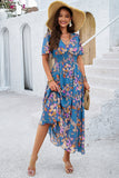 Apricot Floral A Line Long Summer Dress with Short Sleeves