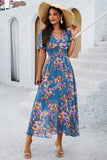 Apricot Floral A Line Long Summer Dress with Short Sleeves