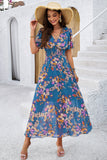 Apricot Floral A Line Long Summer Dress with Short Sleeves