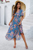 Apricot Floral A Line Long Summer Dress with Short Sleeves