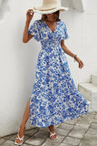 Blue Printed A Line Short Sleeves Long Summer Dress With Slit