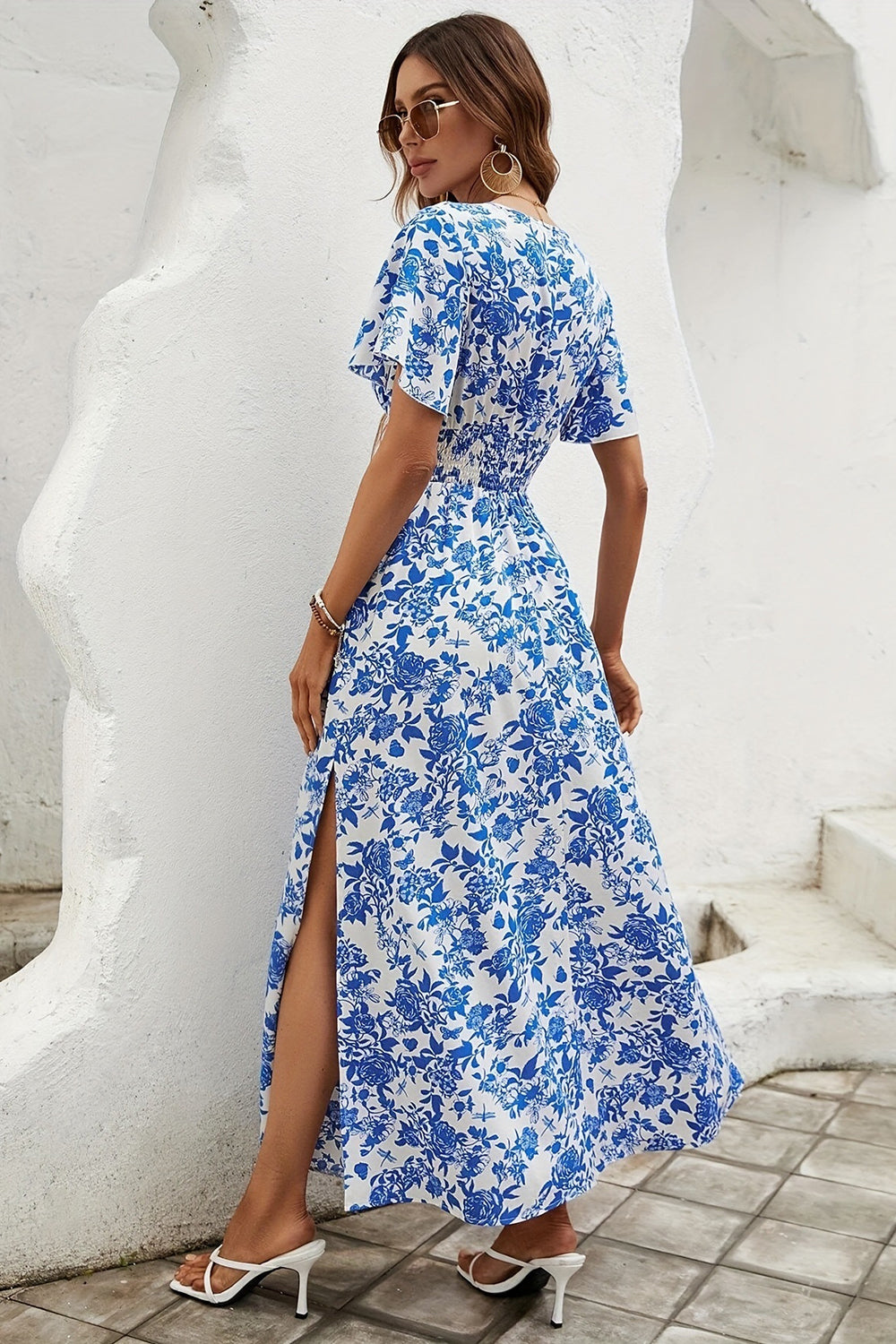 Blue Printed A Line Short Sleeves Long Summer Dress With Slit