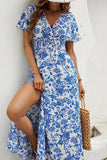 Blue Printed A Line Short Sleeves Long Summer Dress With Slit