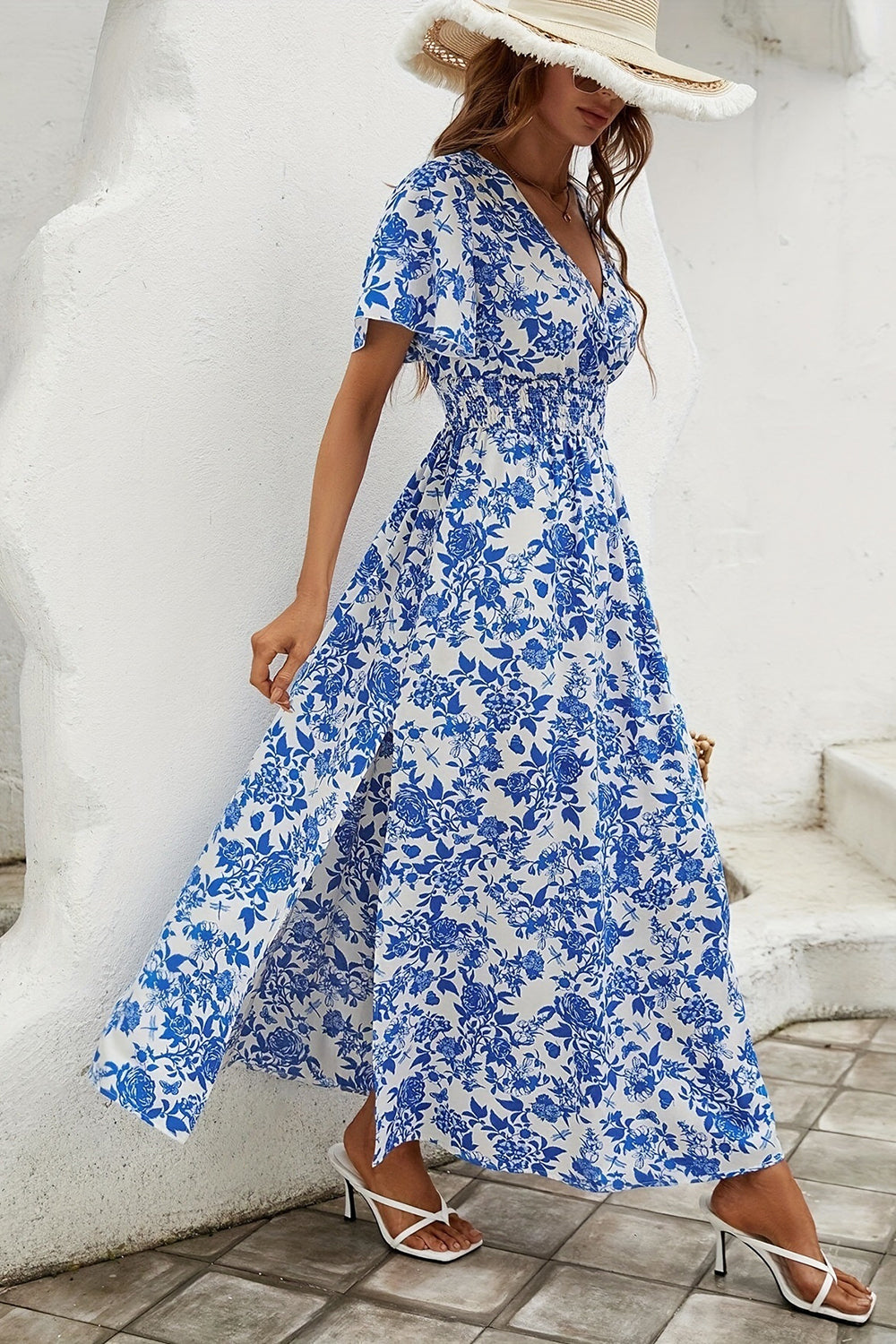 Blue Printed A Line Short Sleeves Long Summer Dress With Slit