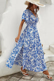Blue Printed A Line Short Sleeves Long Summer Dress With Slit