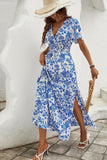 Blue Printed A Line Short Sleeves Long Summer Dress With Slit