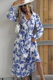 Blue Printed Lapel A Line Long Sleeves Summer Dress