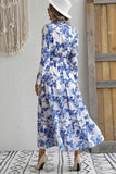 Blue Printed Lapel A Line Long Sleeves Summer Dress