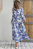 Blue Printed Lapel A Line Long Sleeves Summer Dress