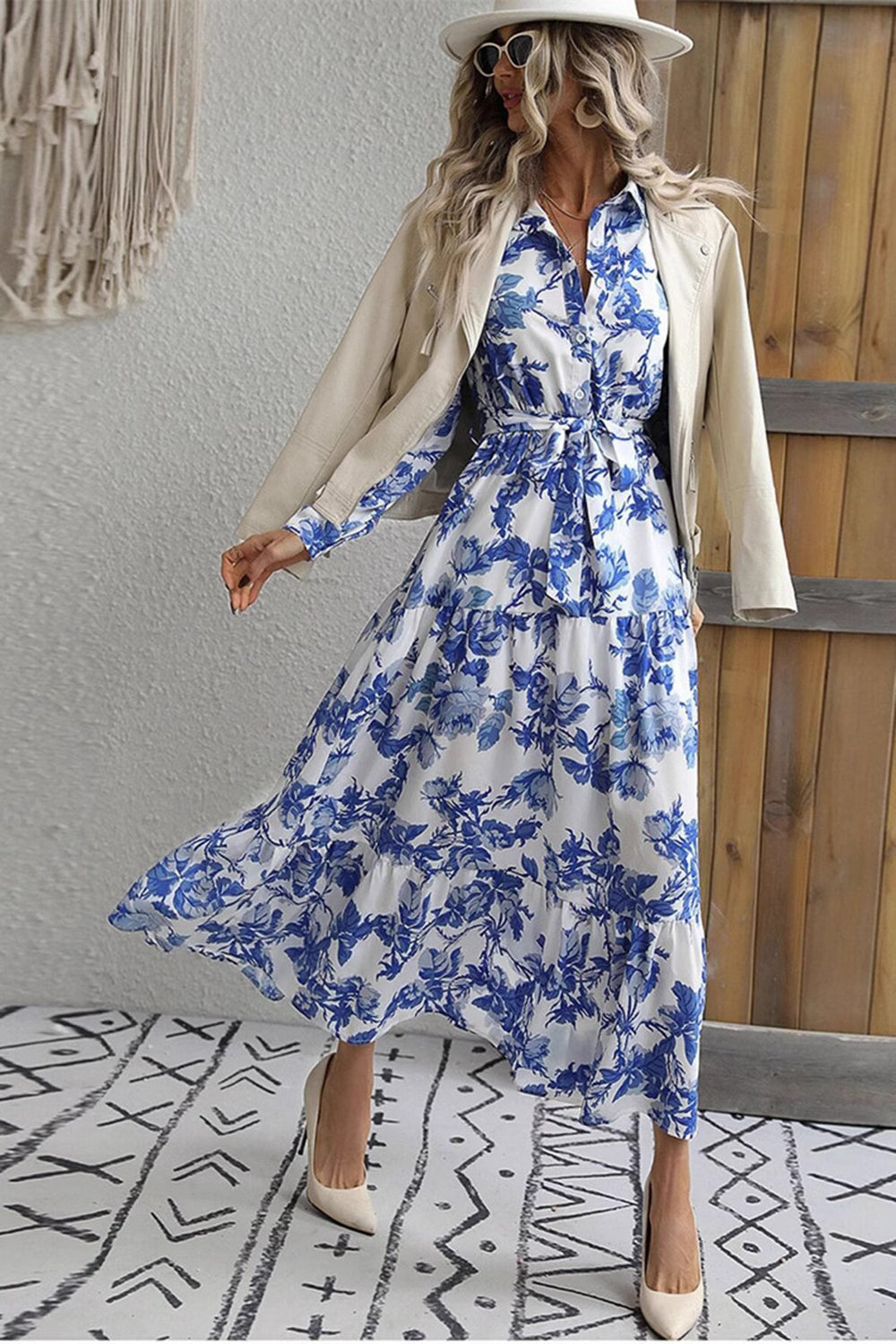 Blue Printed Lapel A Line Long Sleeves Summer Dress