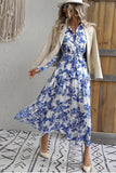 Blue Printed Lapel A Line Long Sleeves Summer Dress