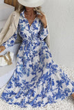 Blue Printed Lapel A Line Long Sleeves Summer Dress