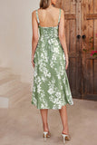 Green Printed Spaghetti Straps Midi Summer Dress With Slit